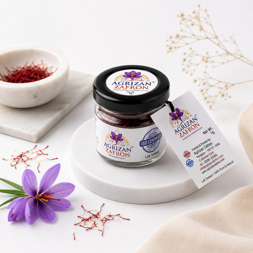 Agrizan Zafron Premium Kashmiri Saffron Threads Grade A Pure Mongra Kesar for Milk Tea Sweets Skincare 1g